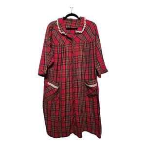Vintage‎ 70s 80s Carole Plaid Flannel Nightgown Women 1X Red USA Pearl Snap Lace